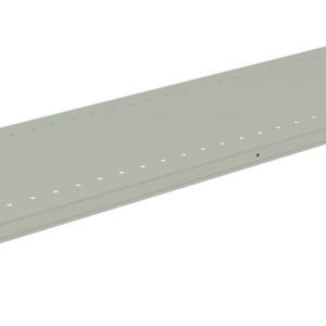 A long, rectangular, light gray metal shelf with a row of evenly spaced holes running along its length. The shelf has angled edges and is designed to fit into a shelving unit.