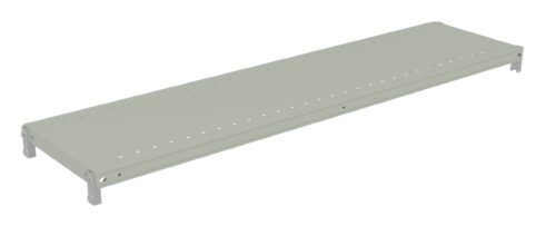 A long, rectangular, light gray metal shelf with a row of evenly spaced holes running along its length. The shelf has angled edges and is designed to fit into a shelving unit.