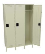 Three beige metal lockers stand side by side, with the door of the rightmost locker open. Inside, there is a hanging rod. Each locker has ventilation slits and black handles. The lockers are elevated on small legs.
