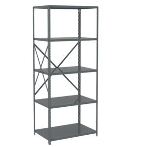 A tall metal shelving unit with five adjustable, empty shelves. It has a simple, utilitarian design with supportive crossbars at the back for stability. The shelves are evenly spaced, and the frame has a dark gray finish.