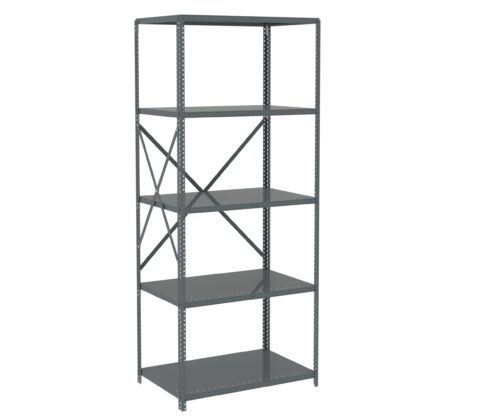 A tall metal shelving unit with five adjustable, empty shelves. It has a simple, utilitarian design with supportive crossbars at the back for stability. The shelves are evenly spaced, and the frame has a dark gray finish.