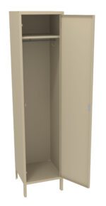 A beige metal locker is shown with its door open. Inside, there is a single metal rod for hanging clothes, and the top shelf is empty. The locker stands on four legs, and the open door is hinged on the right side.