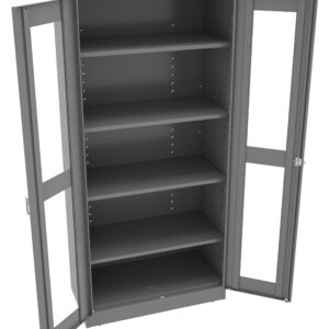 Metal storage cabinet with glass double doors open, revealing five adjustable shelves. The cabinet is grey and designed for organizing and storing items in an office or industrial setting.