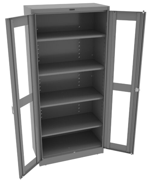 tcqswbktaah5cpjvfovx.jpg Metal storage cabinet with glass double doors open, revealing five adjustable shelves. The cabinet is grey and designed for organizing and storing items in an office or industrial setting.