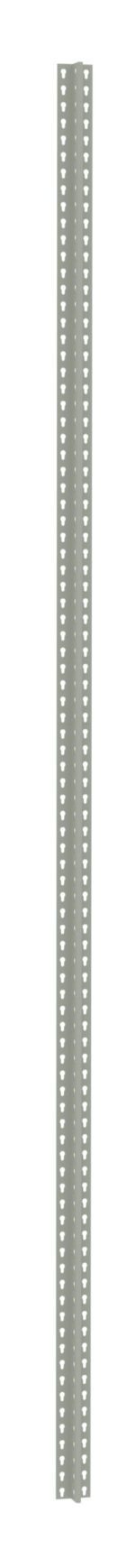 Tall, narrow, gray metal post with small, evenly spaced holes running vertically along its surface.