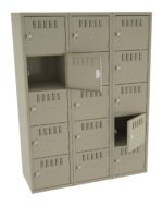 A beige metal locker unit with three columns and five rows, totaling 15 lockers. Some lockers have doors open, revealing empty compartments inside. The lockers have vents and key locks.