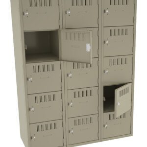 A beige metal locker unit with three columns and five rows, totaling 15 lockers. Some lockers have doors open, revealing empty compartments inside. The lockers have vents and key locks.
