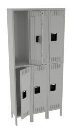 A set of gray metal lockers with six compartments, arranged in two columns. Three of the locker doors are open, revealing empty interiors, while the other three are closed. Each door has a rectangular black handle.