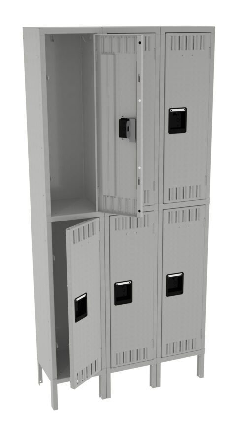 A set of gray metal lockers with six compartments, arranged in two columns. Three of the locker doors are open, revealing empty interiors, while the other three are closed. Each door has a rectangular black handle.