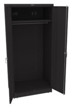 An open black metal storage cabinet with two doors. Inside, there is a clothing rod and pegboard sides for modular storage. The cabinet stands on a flat surface with no visible contents.