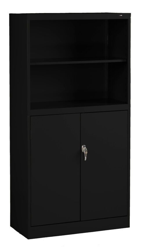 tdmvcojzmx3uj7x7wsan.jpg A black metal storage cabinet with a lockable double door at the bottom and two open shelves above. The cabinet has a sleek, modern design and is placed against a plain background.