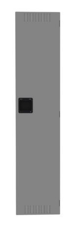 A tall, rectangular, gray locker door with a black handle in the center. The top and bottom edges feature vent-like indentations. The door is set against a plain white background.
