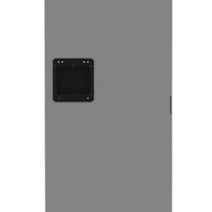 A tall, rectangular, gray locker door with a black handle in the center. The top and bottom edges feature vent-like indentations. The door is set against a plain white background.