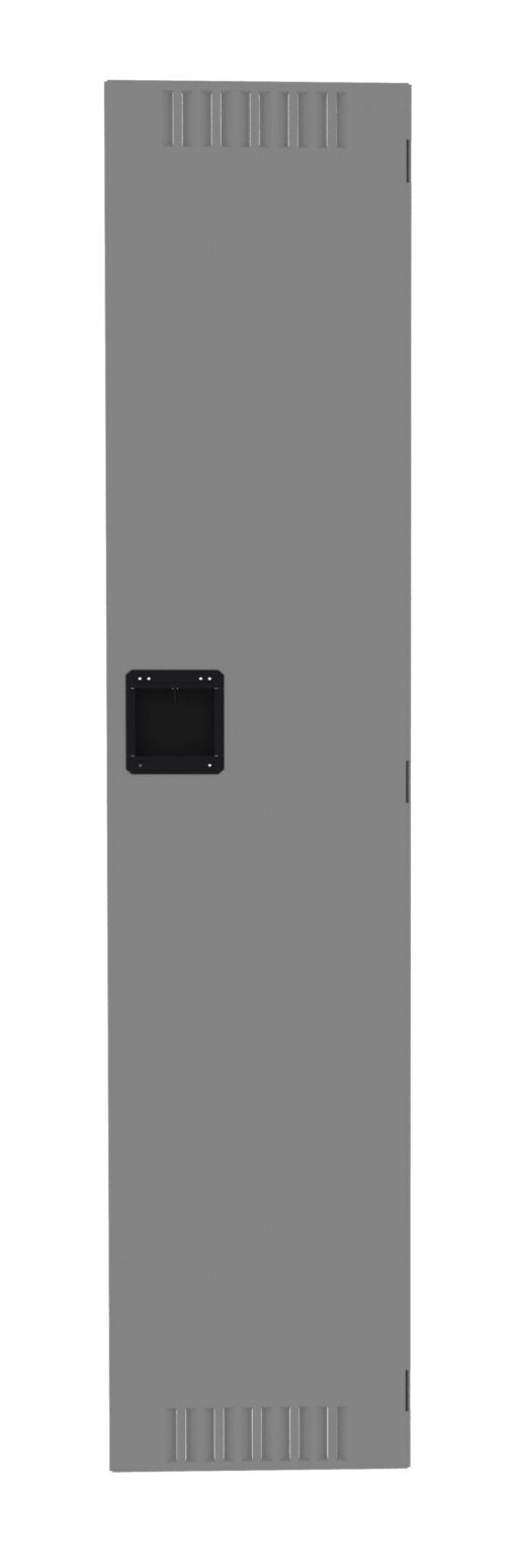 A tall, rectangular, gray locker door with a black handle in the center. The top and bottom edges feature vent-like indentations. The door is set against a plain white background.