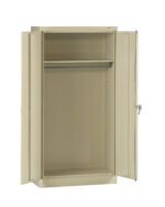Beige metal storage cabinet with two open doors, featuring an upper shelf and a metal rod for hanging items. The interior is spacious, suitable for organizing various items, with a simple, functional design.