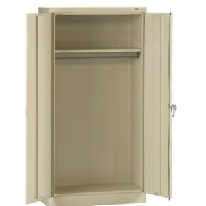 Beige metal storage cabinet with two open doors, featuring an upper shelf and a metal rod for hanging items. The interior is spacious, suitable for organizing various items, with a simple, functional design.
