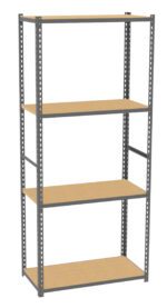 A tall metal shelving unit with five wooden shelves, evenly spaced. The frame is a simple, sturdy design with a modern industrial look, suitable for storage or display.