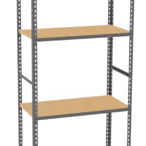 A tall metal shelving unit with five wooden shelves, evenly spaced. The frame is a simple, sturdy design with a modern industrial look, suitable for storage or display.
