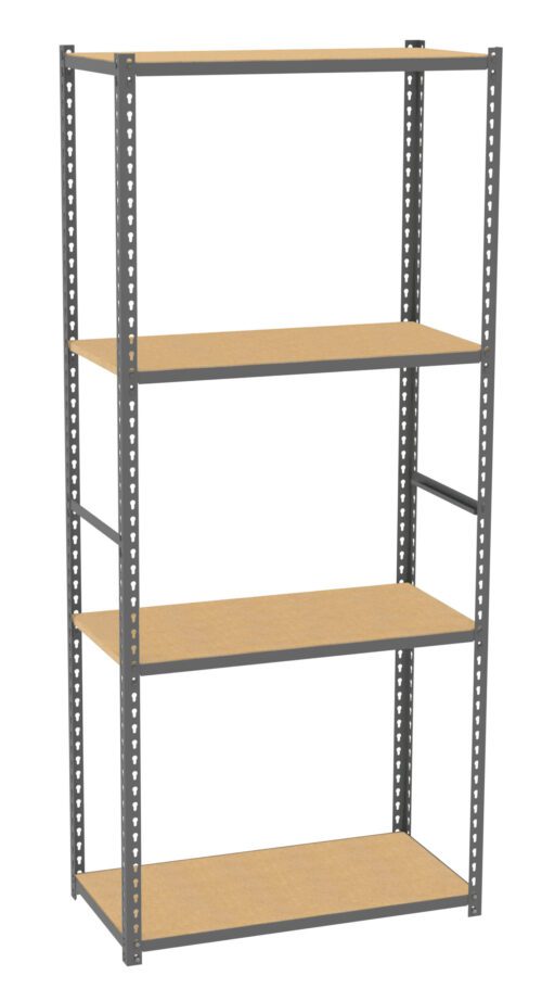 A tall metal shelving unit with five wooden shelves, evenly spaced. The frame is a simple, sturdy design with a modern industrial look, suitable for storage or display.
