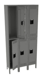 A gray metal locker unit with six compartments. Two compartments, one on the upper right and one on the lower left, have open doors revealing the empty interior. The lockers have black handles and ventilation slots.