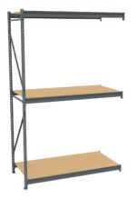 A three-tier metal and wood shelving unit. The frame is made of dark metal, and each shelf is made of wood. The unit is standing against a white background.
