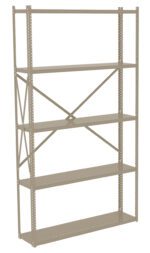 A beige metal shelving unit with six tiers, featuring cross-bracing on the back for stability. The design includes adjustable shelves with small perforations along the vertical supports. The unit is empty and stands against a plain white background.