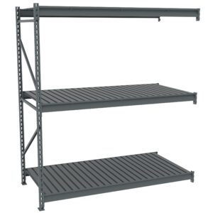 A metal shelving unit with three evenly spaced shelves. The unit is made of gray steel with a perforated design on the vertical supports. It is empty and designed for storage or organization in a warehouse or garage.