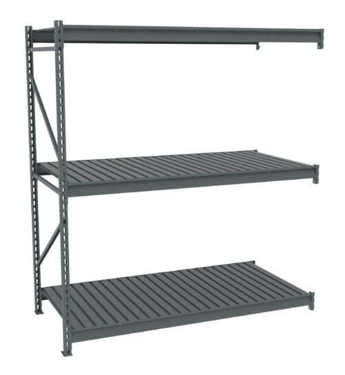 A metal shelving unit with three evenly spaced shelves. The unit is made of gray steel with a perforated design on the vertical supports. It is empty and designed for storage or organization in a warehouse or garage.