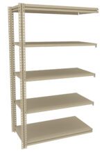 A beige metal shelving unit with five adjustable shelves, standing against a white background. The shelves have small holes along the sides for easy customization.