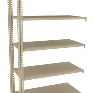 A beige metal shelving unit with five adjustable shelves, standing against a white background. The shelves have small holes along the sides for easy customization.