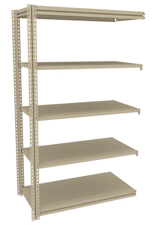 A beige metal shelving unit with five adjustable shelves, standing against a white background. The shelves have small holes along the sides for easy customization.