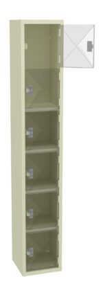 Tall, beige metal storage cabinet with five shelves and a transparent, open door.
