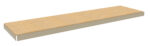 A long, rectangular wooden shelf with a beige surface and light gray edges, isolated on a white background.