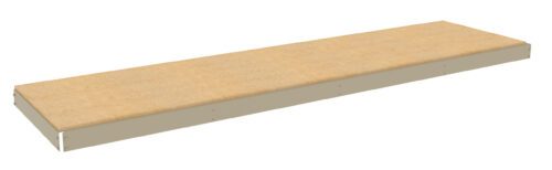 A long, rectangular wooden shelf with a beige surface and light gray edges, isolated on a white background.