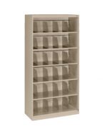 Tall beige shelving unit with six rows, each containing individual angled dividers. Designed for organizing and storing items upright. No items are currently placed on the shelves. Simple and functional design.