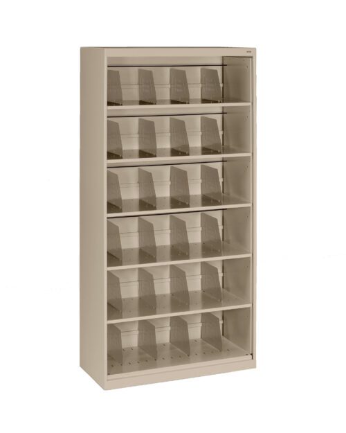 Tall beige shelving unit with six rows, each containing individual angled dividers. Designed for organizing and storing items upright. No items are currently placed on the shelves. Simple and functional design.