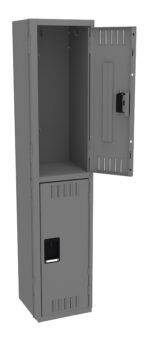 A tall, gray metallic locker with two compartments. The upper compartment door is open, showing the empty interior, while the lower compartment door is closed. The locker has ventilation slots and a built-in lock.