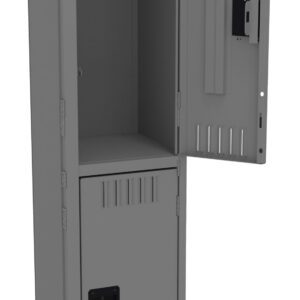 A tall, gray metallic locker with two compartments. The upper compartment door is open, showing the empty interior, while the lower compartment door is closed. The locker has ventilation slots and a built-in lock.