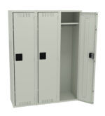 Three gray metal lockers with black handles are shown. The left two lockers are closed, and the right one is open, revealing a hanging rod and empty interior.