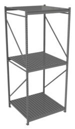 A metal shelving unit with three wide, evenly spaced shelves. The frame is supported by vertical posts with diagonal cross braces for stability. The shelves have a slatted design, and the entire structure is metallic gray.
