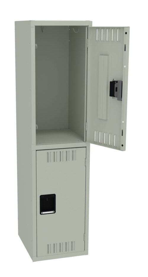 A beige two-compartment locker with the top door open and the bottom door closed. The locker features ventilation slots on both doors and a black handle on each door. The interior is empty and visible through the open top compartment.