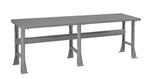 A long, gray metal workbench with a flat top and sturdy legs. The frame has crossbars for support. The design is simple, emphasizing functionality and stability.