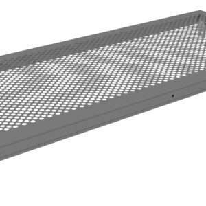 A rectangular metallic shelf with perforated holes, designed for ventilation or drainage, and equipped with mounting brackets on each corner for easy installation. It has a sleek, industrial appearance.