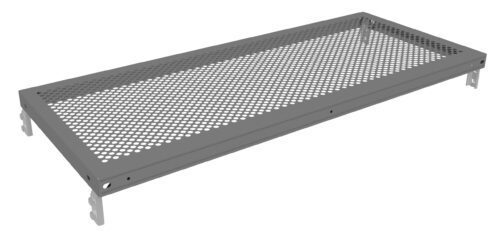 tfxwm1hbo4n9xfehtkxp.jpg A rectangular metallic shelf with perforated holes, designed for ventilation or drainage, and equipped with mounting brackets on each corner for easy installation. It has a sleek, industrial appearance.