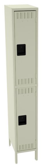 Tall, beige metal locker with two stacked compartments, each with a black handle and ventilation slots. The structure stands on four short legs.