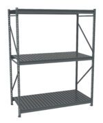 A gray metal shelving unit with three adjustable shelves. The frame is sturdy, featuring vertical supports with holes for customization. The shelves are evenly spaced and appear suitable for storage or industrial use.
