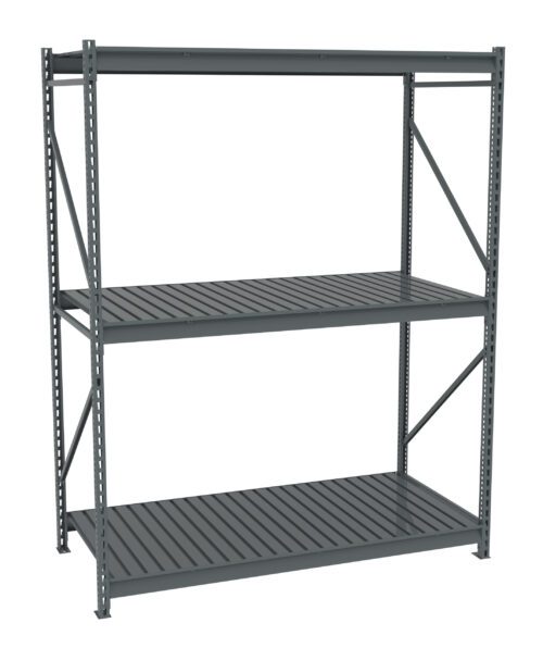 A gray metal shelving unit with three adjustable shelves. The frame is sturdy, featuring vertical supports with holes for customization. The shelves are evenly spaced and appear suitable for storage or industrial use.