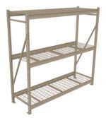 A beige metal shelving unit with three wire shelves, designed for storage. The structure includes vertical supports with diagonal braces for stability. The shelves are evenly spaced, with an open design suitable for various storage needs.