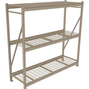 A beige metal shelving unit with three wire shelves, designed for storage. The structure includes vertical supports with diagonal braces for stability. The shelves are evenly spaced, with an open design suitable for various storage needs.