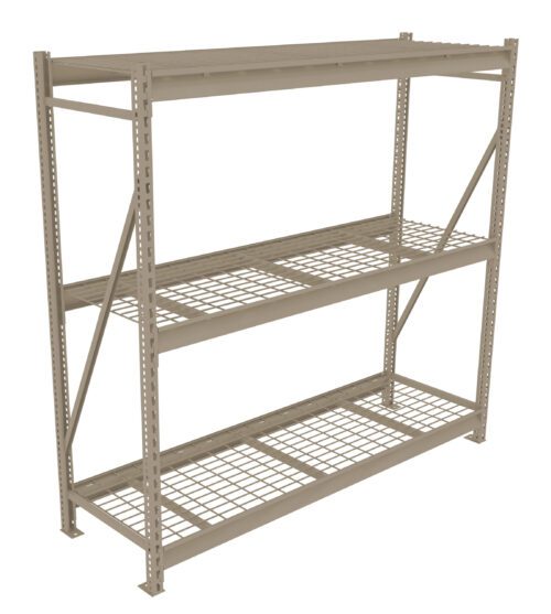 A beige metal shelving unit with three wire shelves, designed for storage. The structure includes vertical supports with diagonal braces for stability. The shelves are evenly spaced, with an open design suitable for various storage needs.